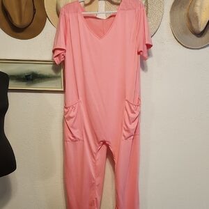 Pink Short Sleeve Jumpsuit with Pockets